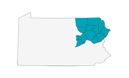 Map of Pennsylvania with NEPA counties shaded in teal