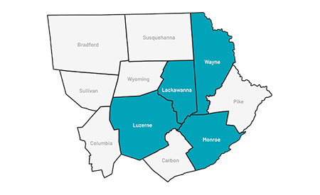 Map of Northeastern Pennsylvania with Wayne, Lackawanna, Luzerne, and Monroe counties highlighted